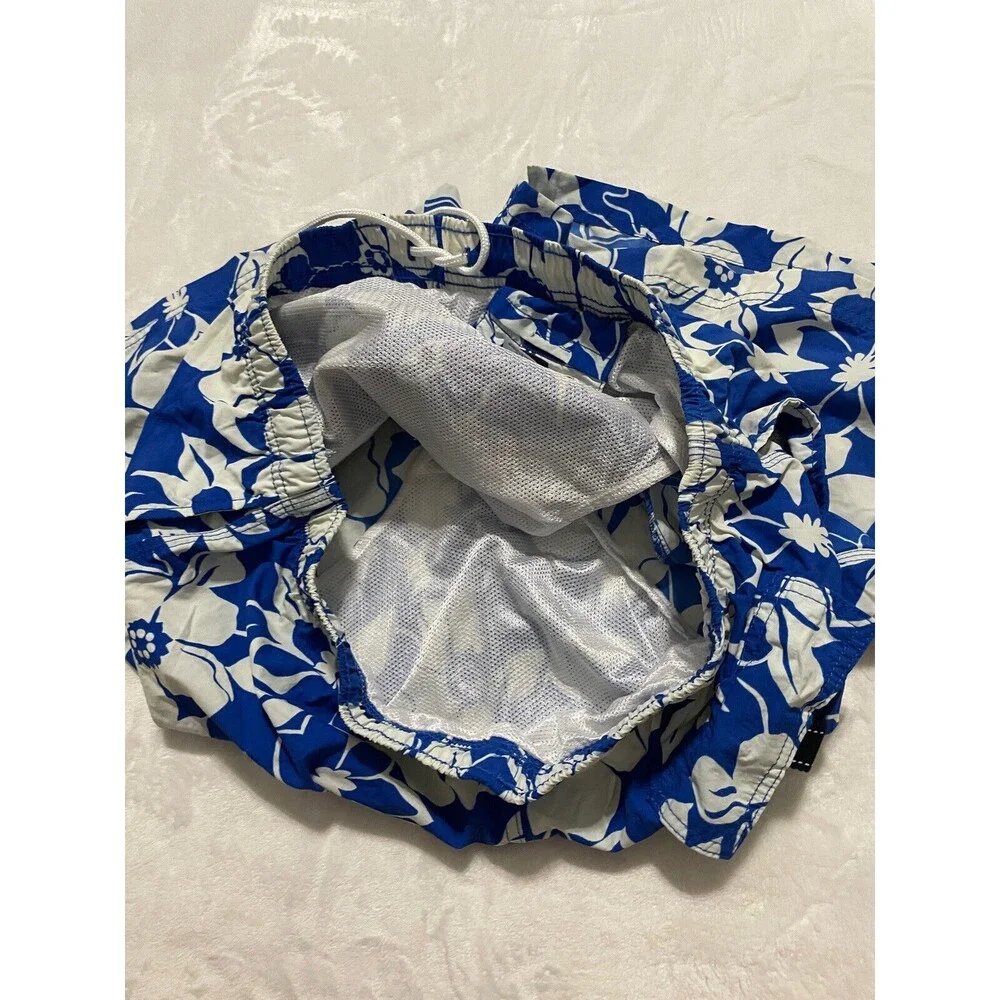 Lands End Swim Trunk Shorts Mens Large 36 38 Blue White Floral Pull On Lined